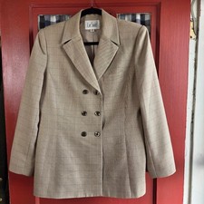Le Suit Women's Tan Beige Plaid Button Front Long Sleeve Blazer Jacket Size 10
