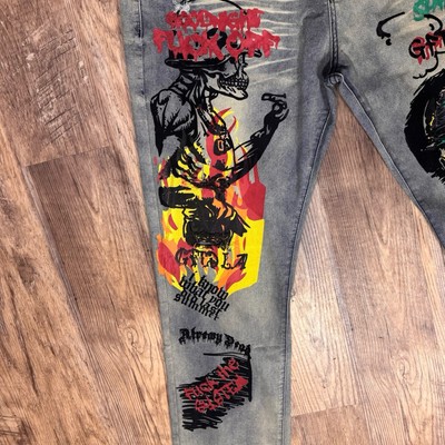 NWT Y2K Graphic Jeans D'ANDIJIESHEN Men's 40 Skull Profanity