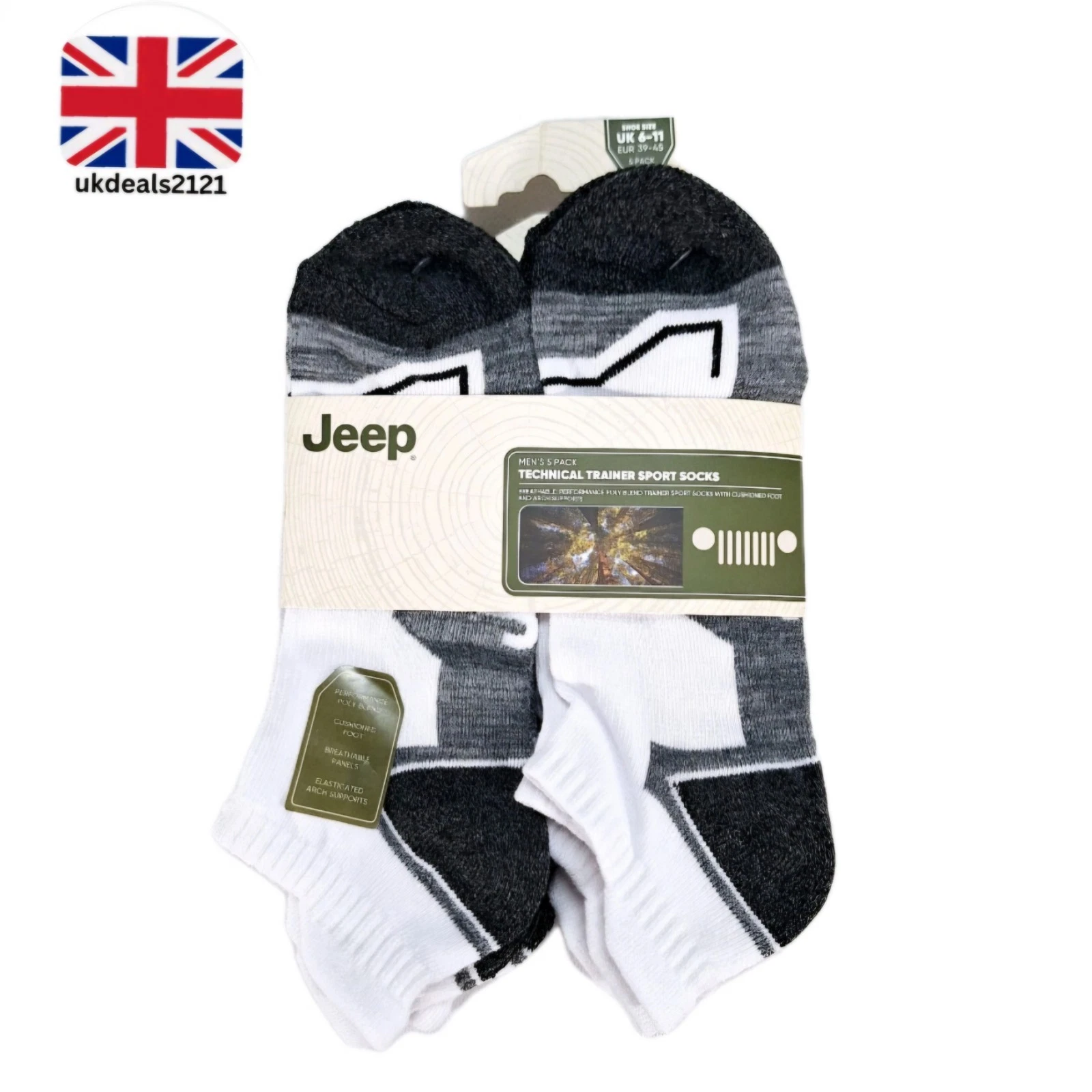 Jeep Men’s Trainer Socks 5 Pack UK 6-11 Cushioned Low Cut White Grey Comfort