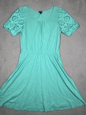 Talbots Womens Dress Knit Green Short Sleeve Knee Length Eyelet Elastic Waist