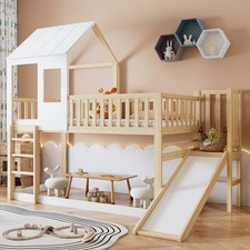 Bunk Bed, Single over Single Loft Bed Frame with Ladder and Slide, Twin Bunk Bed