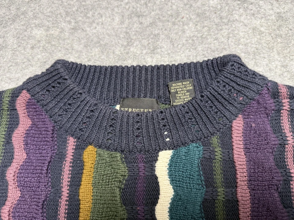 Vintage Structure Sweater Mens Large Multicolor 3D Knit Crewneck Wavy Stripe 90s - Image 3 of 4
