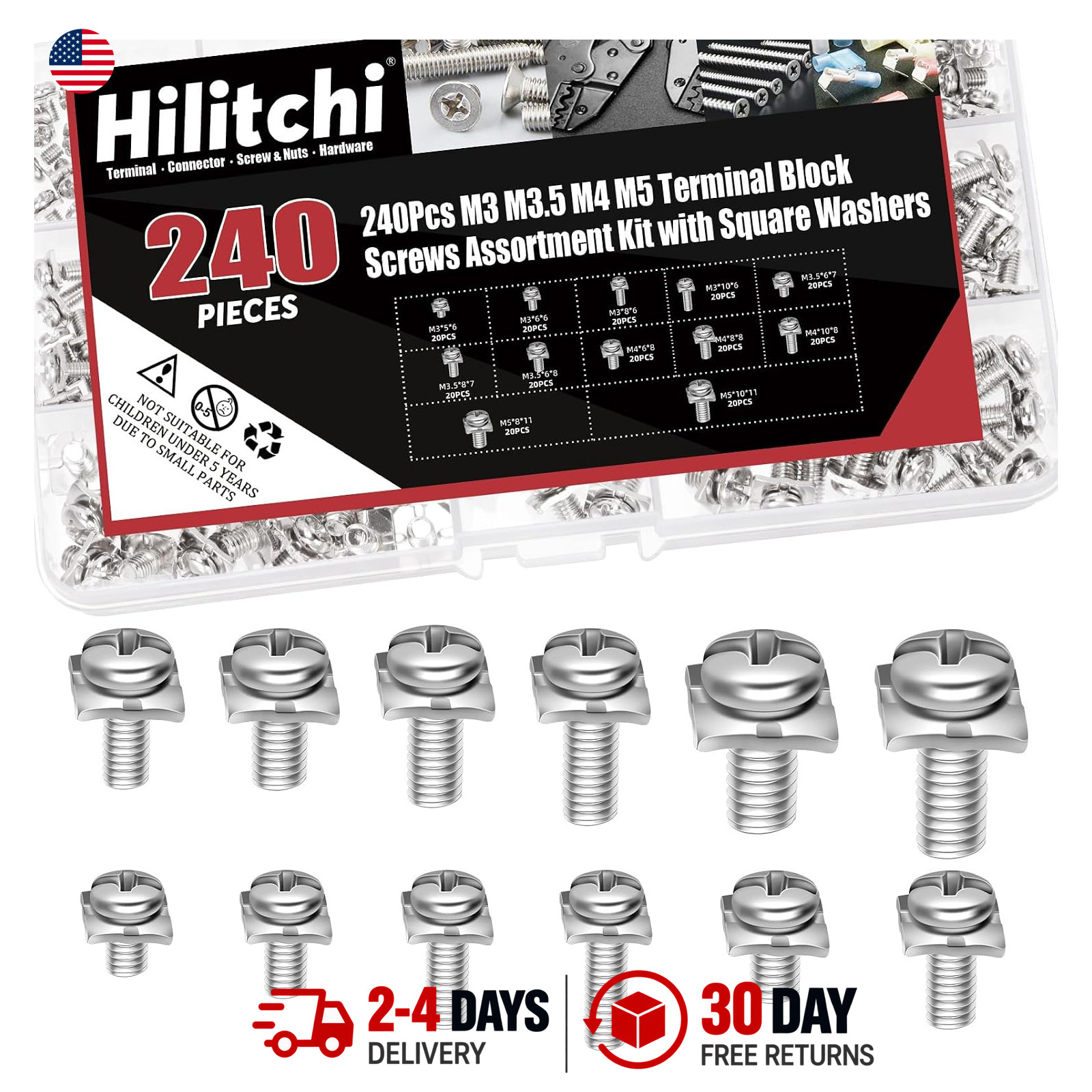 240pcs Battery Terminal Bolt Screws Assortment Kit with Square Nuts and Washers