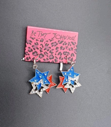 New Betsey Johnson Red White Blue Star Patriotic Enamel Dangle Earrings With Tag - Picture 1 of 3