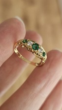 Vintage 18ct Yellow Gold Natural Emerald & Diamond Scroll Ring (Size P) 1987