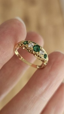 Vintage 18 kt Gelbgold natürlicher Smaragd & Diamant Rollring (Größe P) 1987