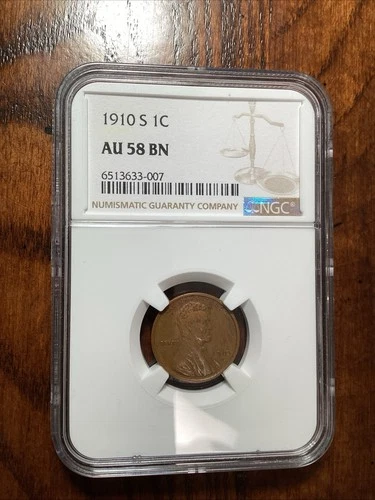 Beautiful High Grade 1910-S Lincoln Cent.  NGC GRADED AU58 BN
