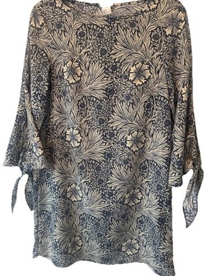 Morris & Co + H & M Blue Cream Floral 3/4 Tie Sleeve Tunic Dress 2 Boho Festival