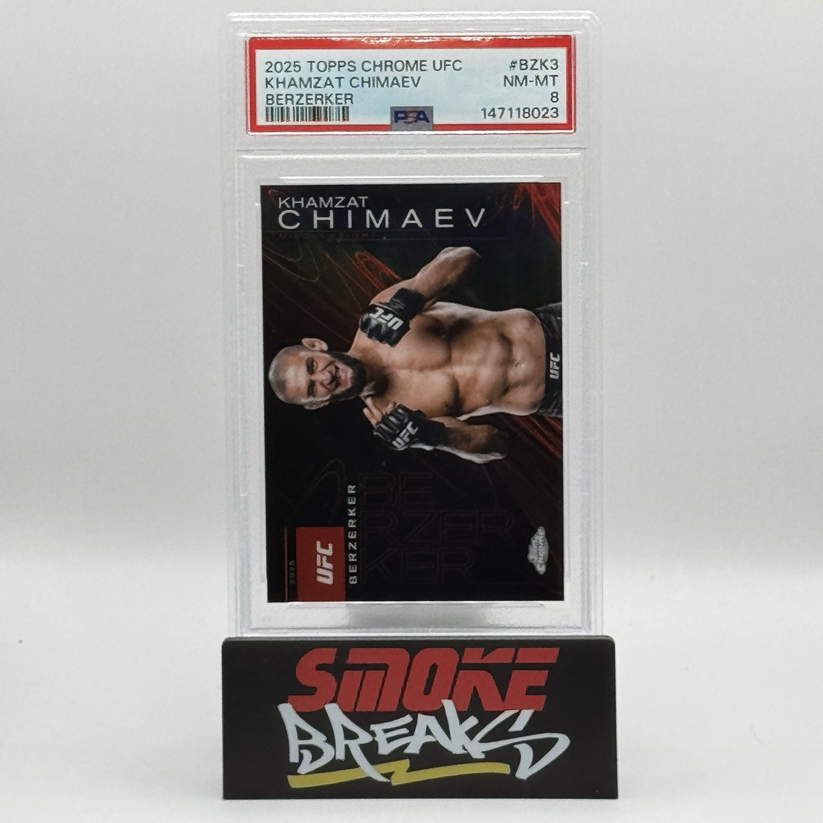 2025 Topps Chrome UFC Khamzat Chimaev Berzerker Case Hit SSP PSA 8 view 4