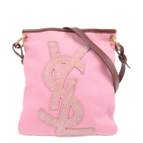 SAINT LAURENT YSL Big Logo Canvas Flat Shoulder Bag Pink Brown Gold Authentic