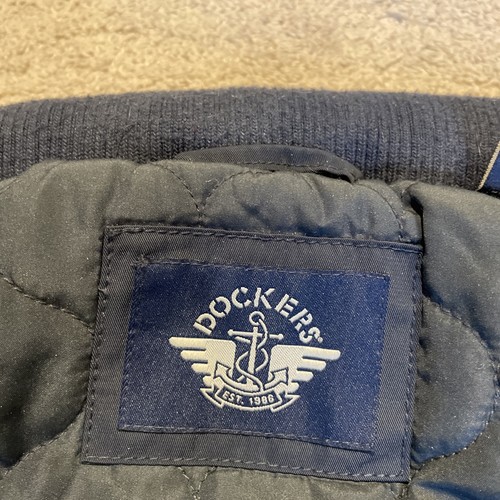Dockers Bomber Aviator Jacket Mens Medium Navy Quilted Lining Roll Away Hood - Picture 11 of 17