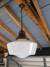 Vintage Art Deco Opaline milk glass school house chapel Pendant Ceiling Light