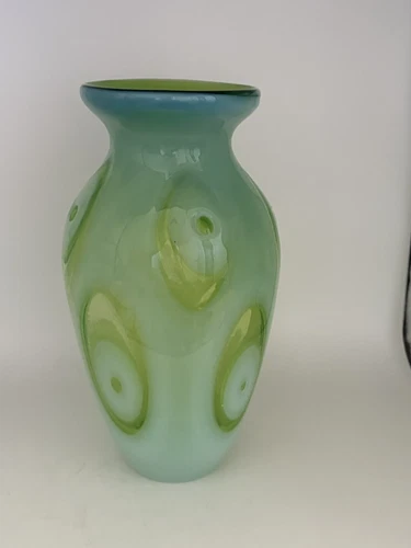 9507 Jasper Fenton International Optic Green opalescent dot vase 9” in by 4 1/2”