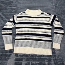 Ann Taylor Womens Navy Blue Cream Striped Cable Knit Mock Neck Sweater Small S