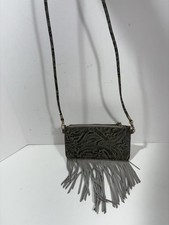 Free People Fringe Boho Western CrossBody Embossed Leather Purse Bag Gray/black