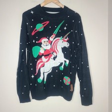 Tipsy Elves Men's Black Santa Ugly Christmas Unicorn Sword Sweater Unisex M