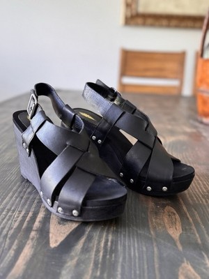 Volatile Black Leather Wedge Sandals Slingback Studded Women s Size 8