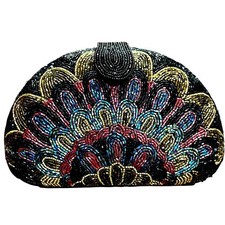 Vintage black multicolor beaded purse gold chain evening bag dressy clutch