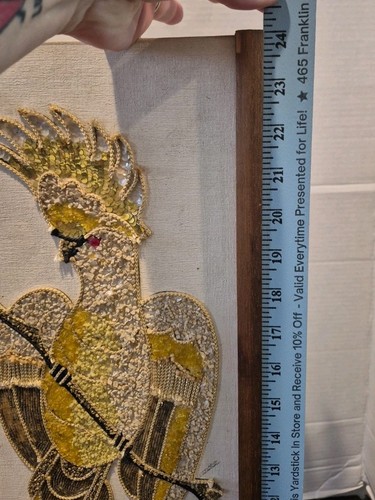 MCM 1960s VTG Gravel Mosaic Art Golden Cockatoo On A Branch 24x8.5” Wooden Frame - Picture 12 of 14