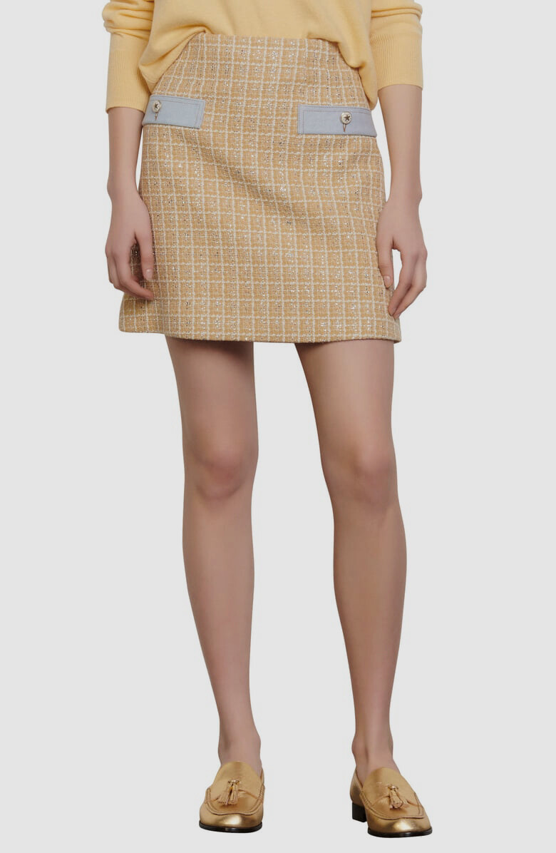 $523 Sandro Women Beige Tweed High Waist Metallic A-Line