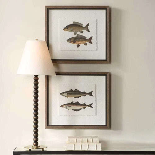 TWO CATCH FISH FRAMED PRINTS UNDER GLASS WALL ART PICTURES UTTERMOST 32448 - Picture 2 of 5