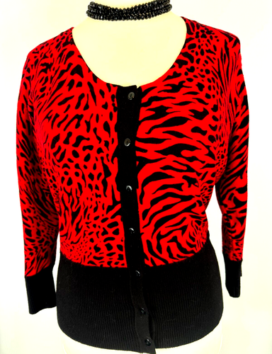 Cárdigan Just Elegance XL 14 16 Estampado Animal Rojo y Negro Botón Delantero Elástico - Imagen 17 de 21