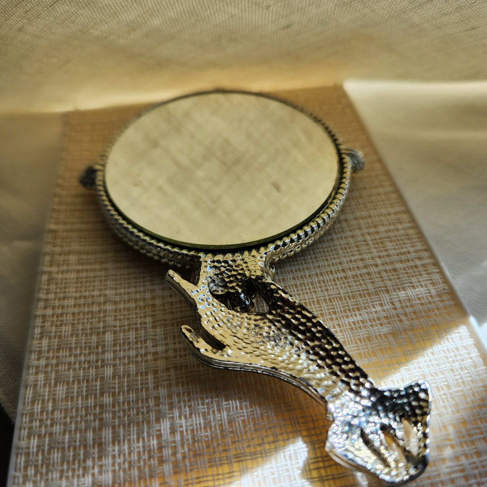 Vintage  Miniature Silver Glitter Rhinestones Hand Mirror 4”