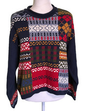 Vtg Liz Sport Womens 80's retro Fair Isle Patchwork Sweater Cozy Cottagecore Med