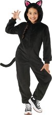 Schwarze Katzen Kostüm für Kinder Mädchen Katzenkostüm Overall Halloween S - XL