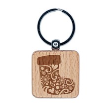 Christmas Holiday Stocking with Stars Snowflakes Engraved Wood Square Keychain