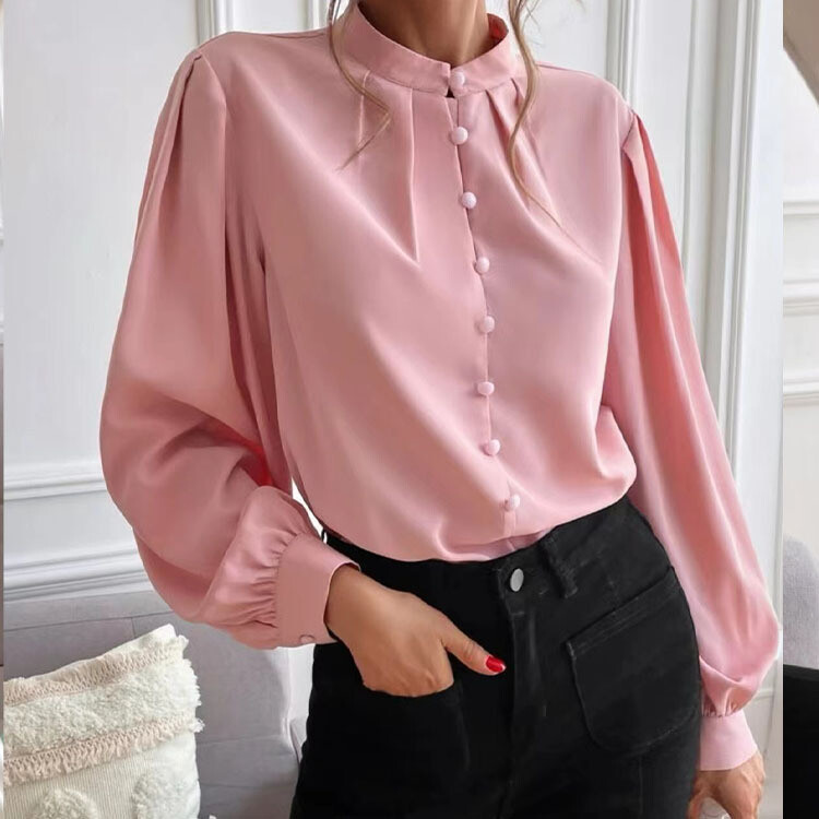 Top camicia donna tinta unita risvolto manica lunga fila singola bottoni sciolti
