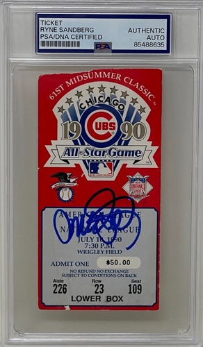 Biglietto Ryne Sandberg firmato 1990 MLB 61° All Star Game Chicago Cubs PSA