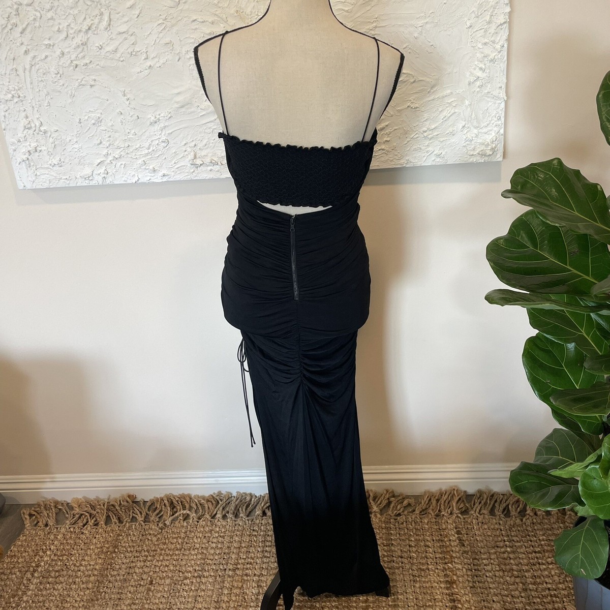 Alice + Olivia Black Sleeveless Ruched High Slit Maxi Dress
