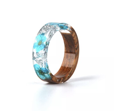 Women's Blue Flowers and Ice Handmade Wood Resin Ring 0264