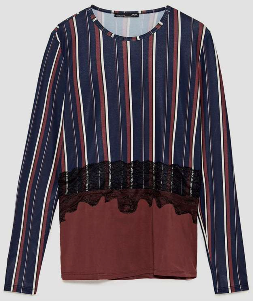 NWT Zara Stretch Jersey Navy Stripe Colorblock Lace Long Sleeve Top Blouse  Sz XL