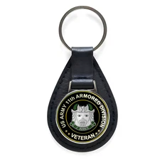 US Army 11th Armored Division Veteran Black Leather Keychain Silver Keyring