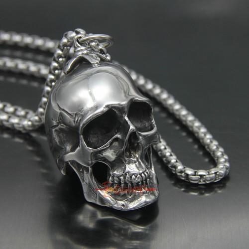 Collana uomo pesante grande argento teschio acciaio inox biker ciondolo roccia retrò - Foto 22 di 32