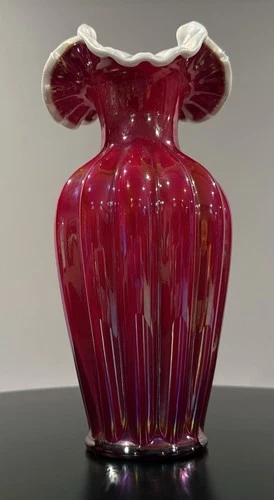 10” Fenton Red Glass Handmade Ruffled Art Vase by Bill Fenton