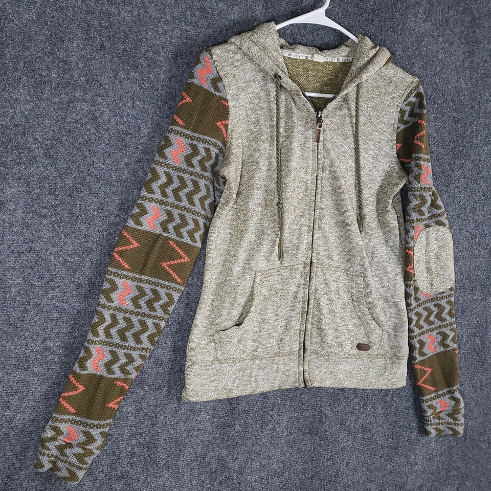 Sudadera con Capucha Roxy Para Mujer Pequeña Verde Gris Cremallera Completa Manga Azteca Codo Parche Tejido Foto 2 de 4