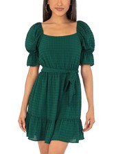 SPEECHLESS Womens Mini Dress Green Belted Pouf Sleeve Semi-Lined Juniors L