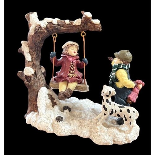 Mervyns Weihnachtsdorf Figur Mädchen schwingender Junge mit Dalmatiner 1996