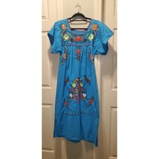 Vintage Mexican Hand Embroidered Floral Peasant Dress Blue Huipil Midi Boho L