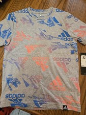 Adidas Boys Girls Grey Heather Tshirt Unisex Childrens Size 6 Multi Color Logo