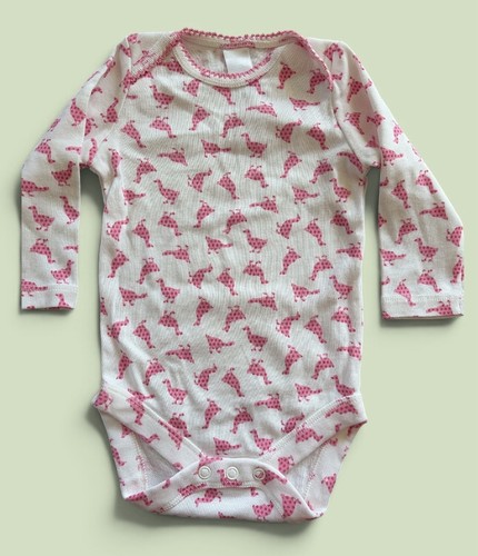 Baby Boden EUC White/Pink Hens Crochet Edge Long Sl Cotton Bodyshirt-3-6Mos