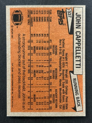 1981 Topps Football #337 John Cappelletti Combine Ship + Bulk rates - Picture 2 of 2