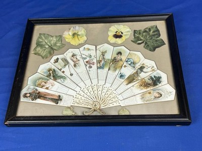 1893 Framed CALENDAR Hand FAN, Victorian Women, Each Month Tied Together GIFT !!
