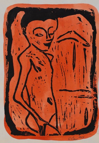 Mädchenakt Expressionismus im Stil Heckel sign Wau Farbholzschnitt 1967 - Bild 4 von 4