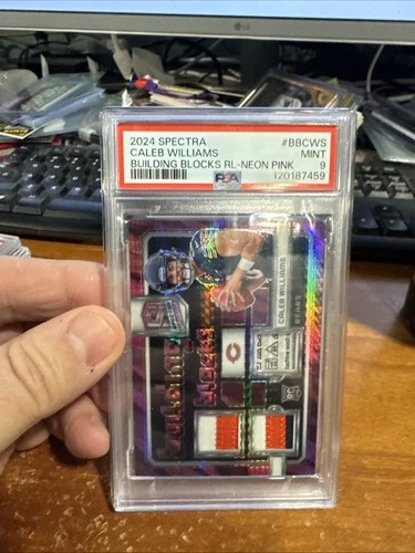 2024 Spectra Caleb Williams Building Blocks Neon Pink /15 PSA 9 Laundry Tag