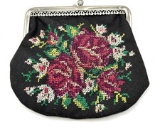Vintage Needlepoint 1950's Black Floral Handbag Purse Embroidery Cross Stitch