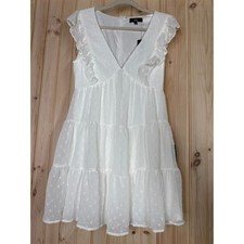 NWT Lulus Dreamy Designs White Ruffled Tiered Swiss Dot Mini Dress Summer Sz M